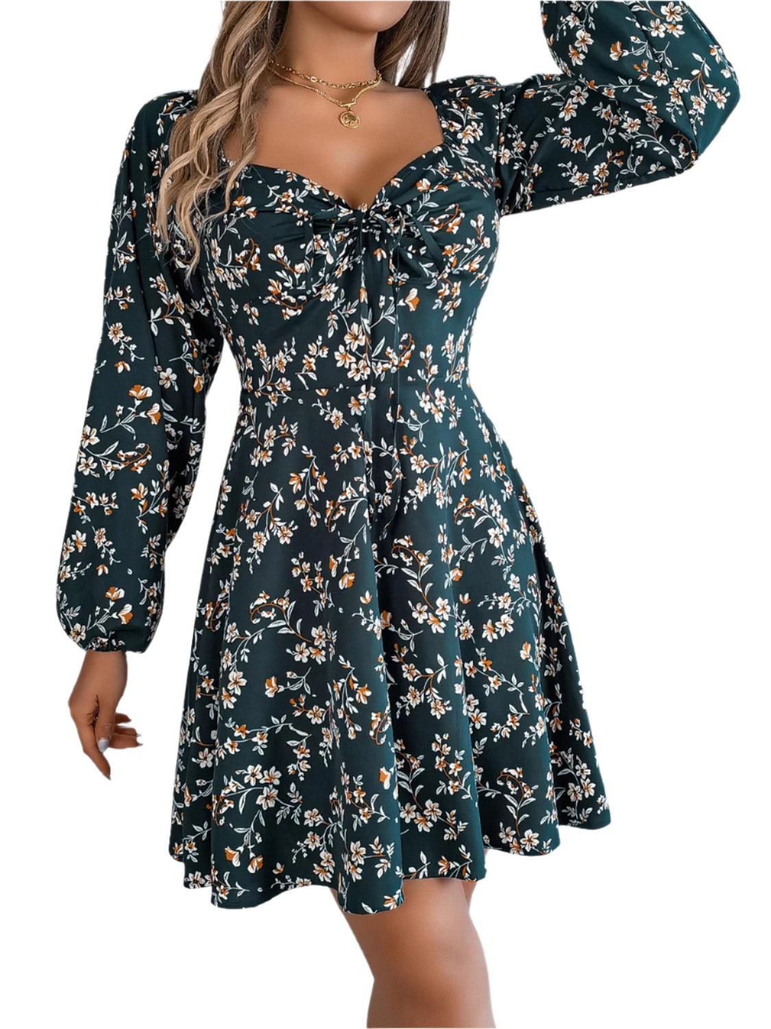 Printed Sweetheart Neck Balloon Sleeve Mini Dress