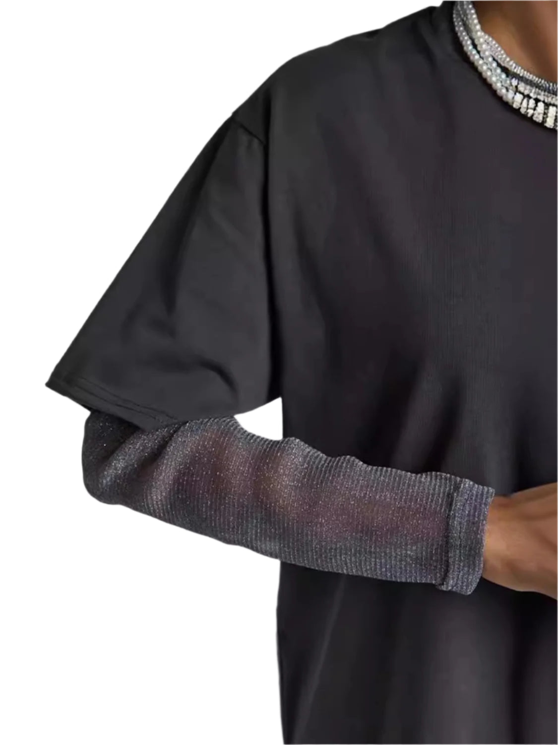 Faux Layered Round Neck Mesh Sleeve Top