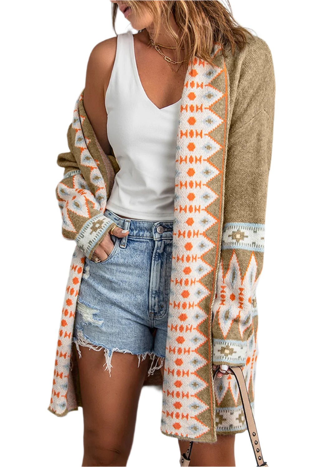 Geometric Open Front Long Sleeve Cardigan