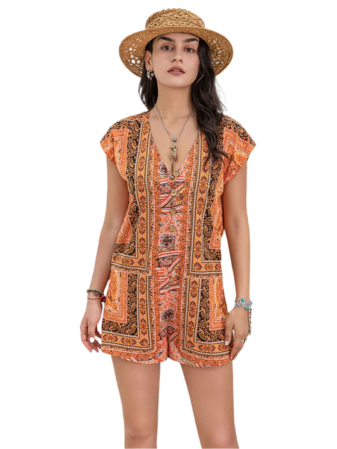 Printed V-Neck Cap Sleeve Romper