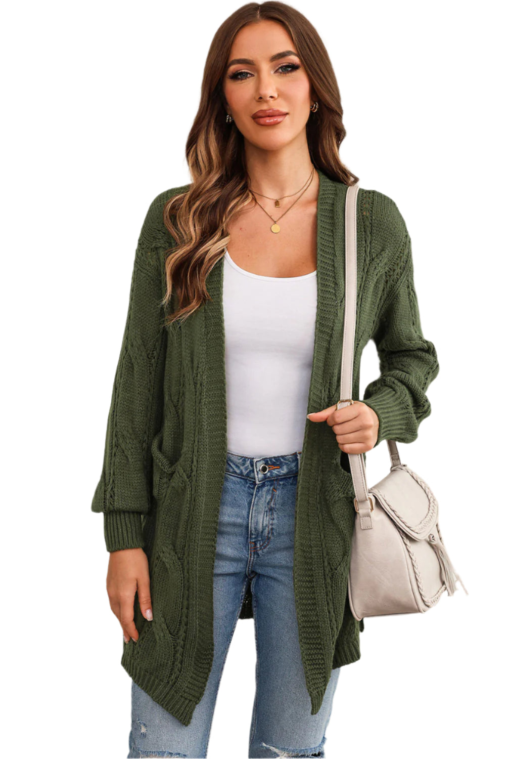 Cable-Knit Dropped Shoulder Slit Cardigan
