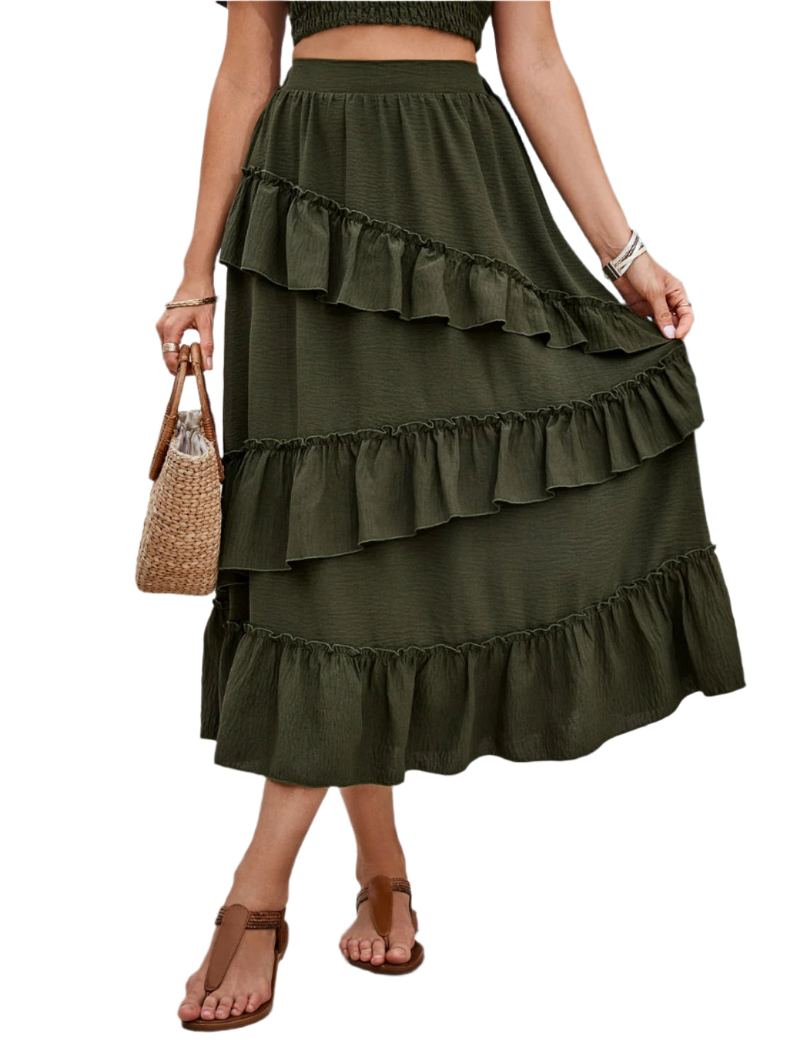 Honey Ruffled Elastic Waist Midi Skirt