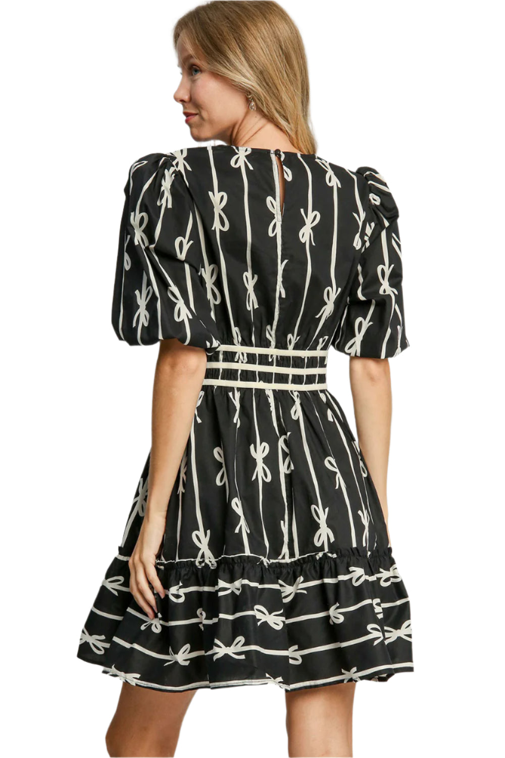 Umgee Ribbon Print Frill Contrast Velvet Trim Half Sleeve Dress