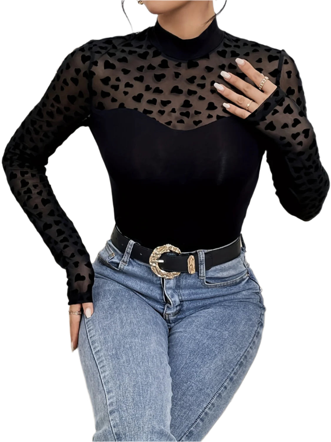 Heart Mock Neck Long Sleeve T-Shirt