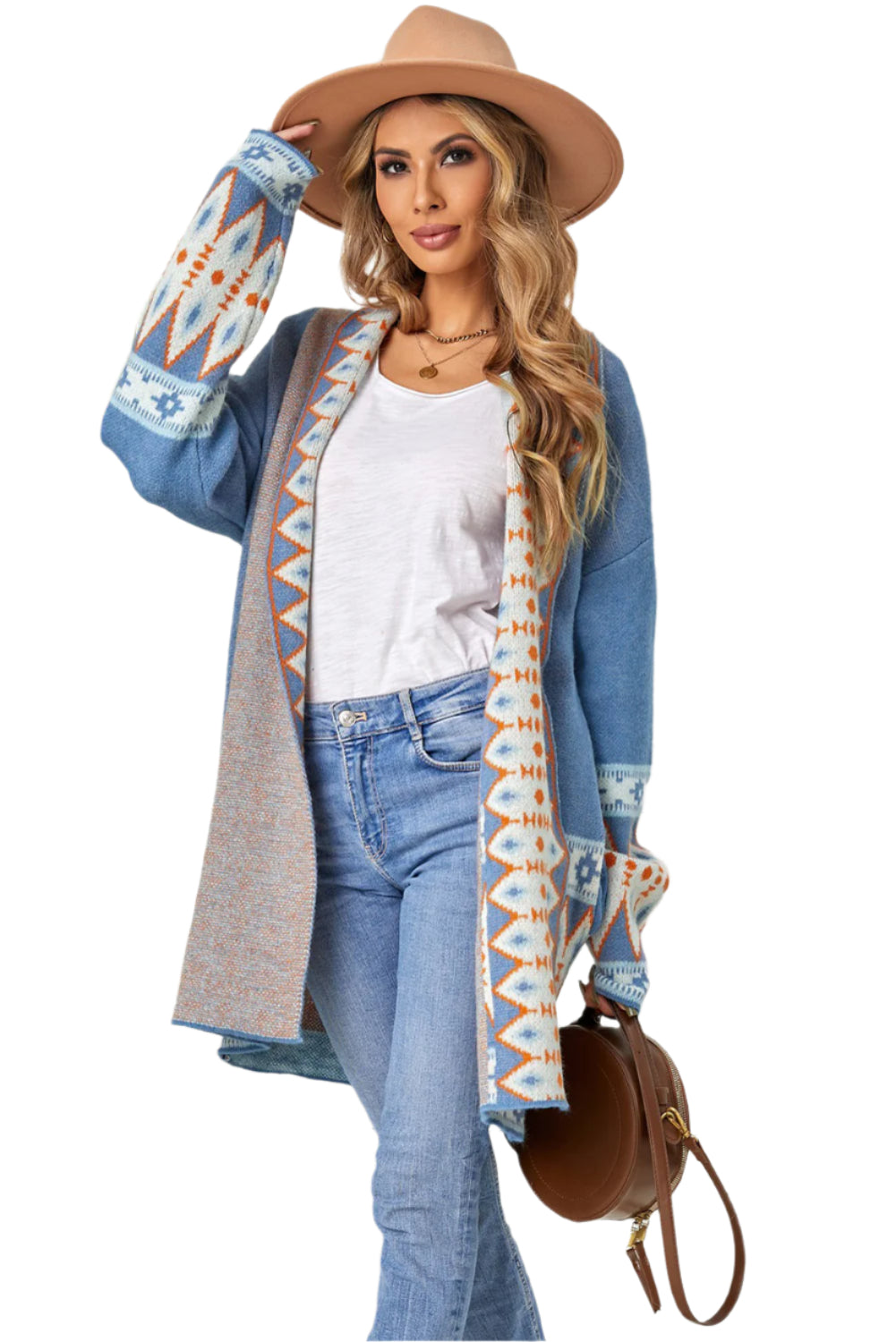 Geometric Open Front Long Sleeve Cardigan