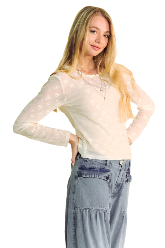 Davi & Dani Bow Mesh Round Neck Long Sleeve Top