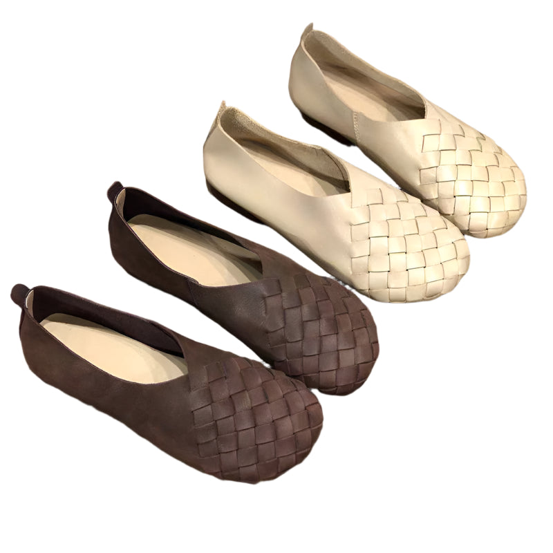 Round Toe Woven Cowhide Leather Flat Shoes