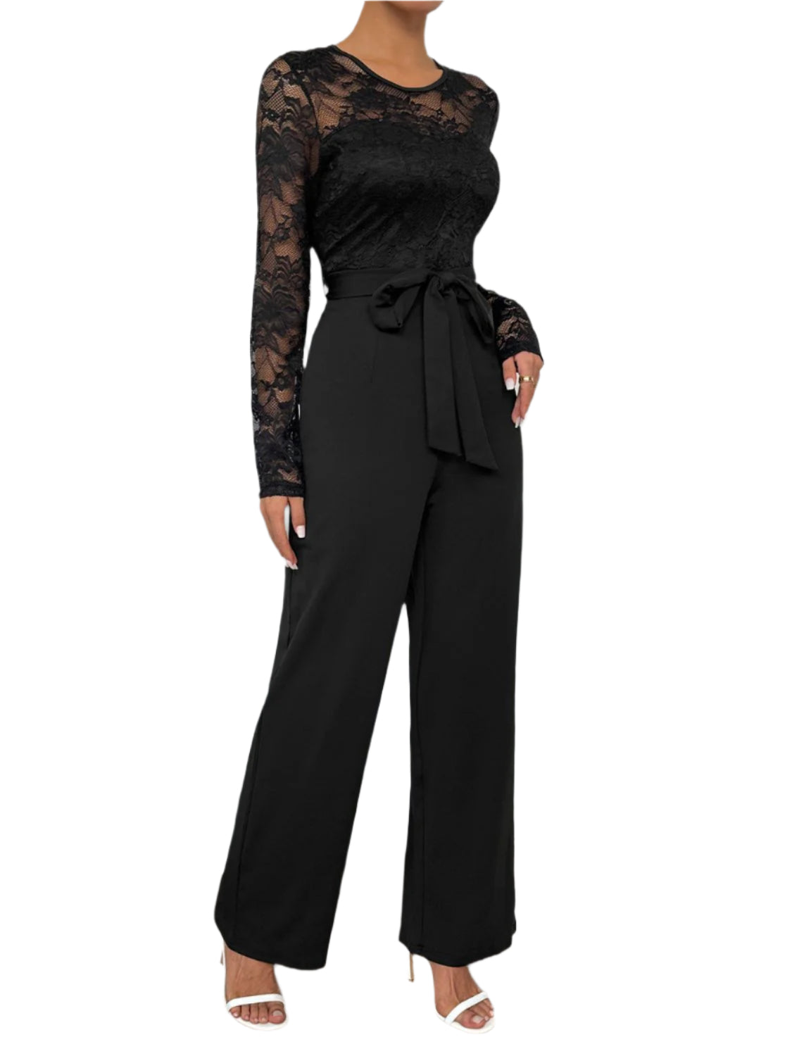 Perfee Lace Round Neck Long Sleeve Jumpsuit