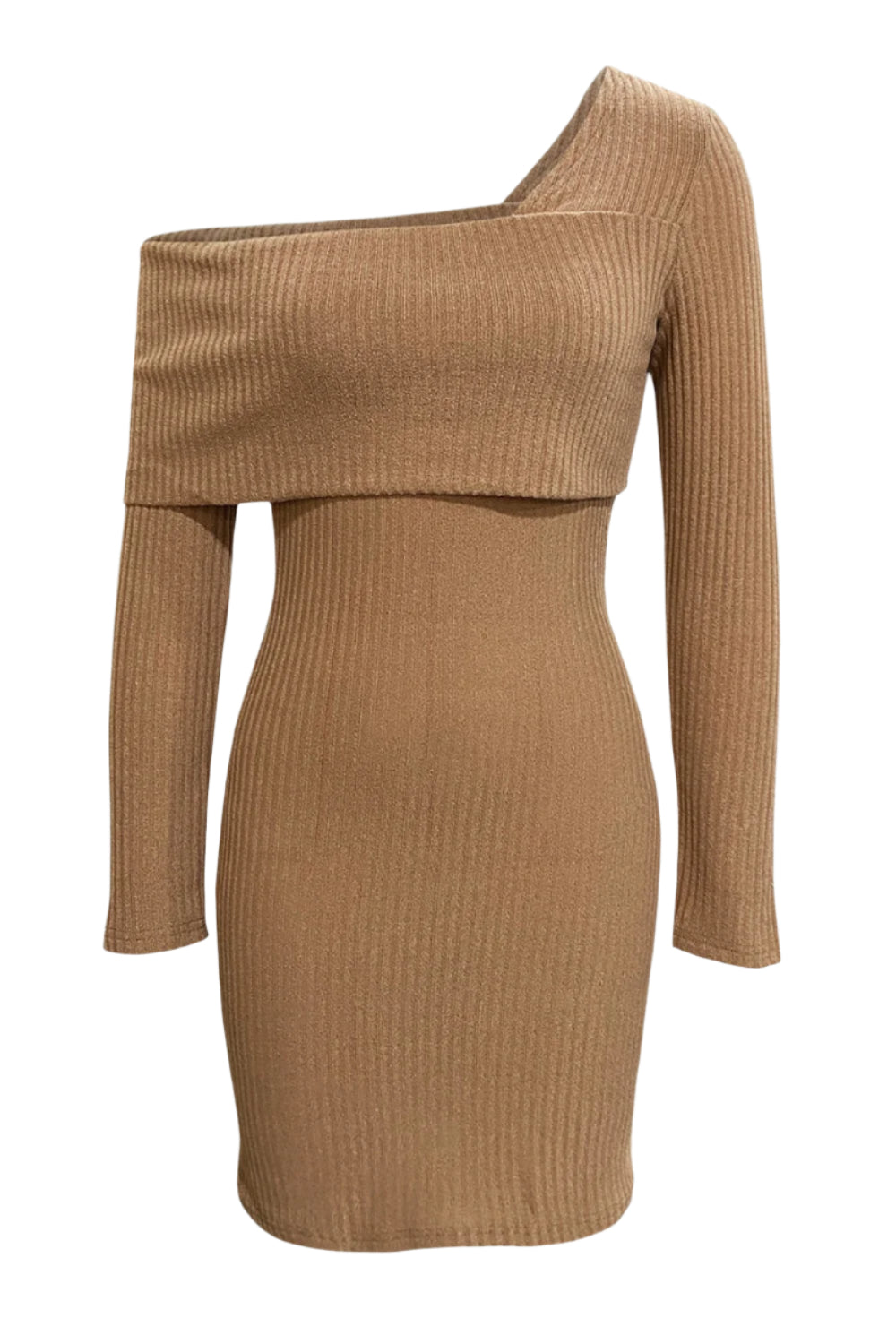 Asymmetrical Fold-Over Neck Ribbed Mini Dress