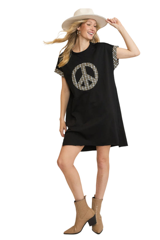 Umgee Peace Plaid Applique Short Sleeve Mini Dress