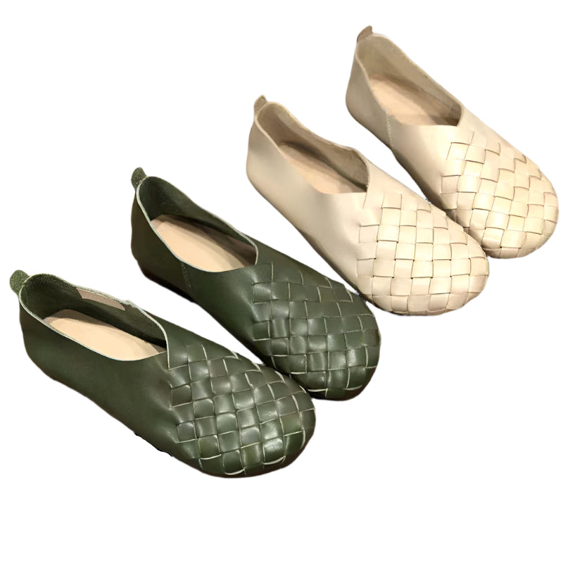 Round Toe Woven Cowhide Leather Flat Shoes