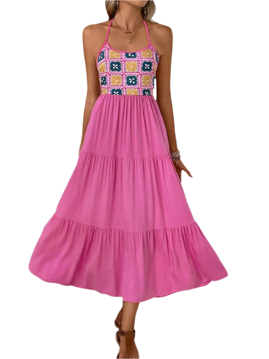 Perfee Printed Halter Neck Tiered Midi Dress