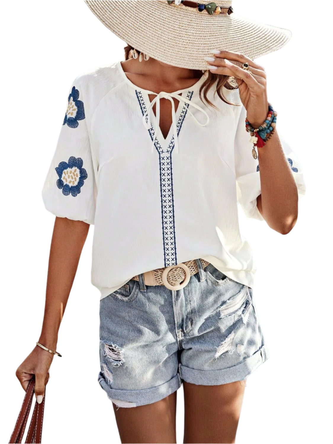 Embroidered Tie Neck Puff Sleeve Blouse