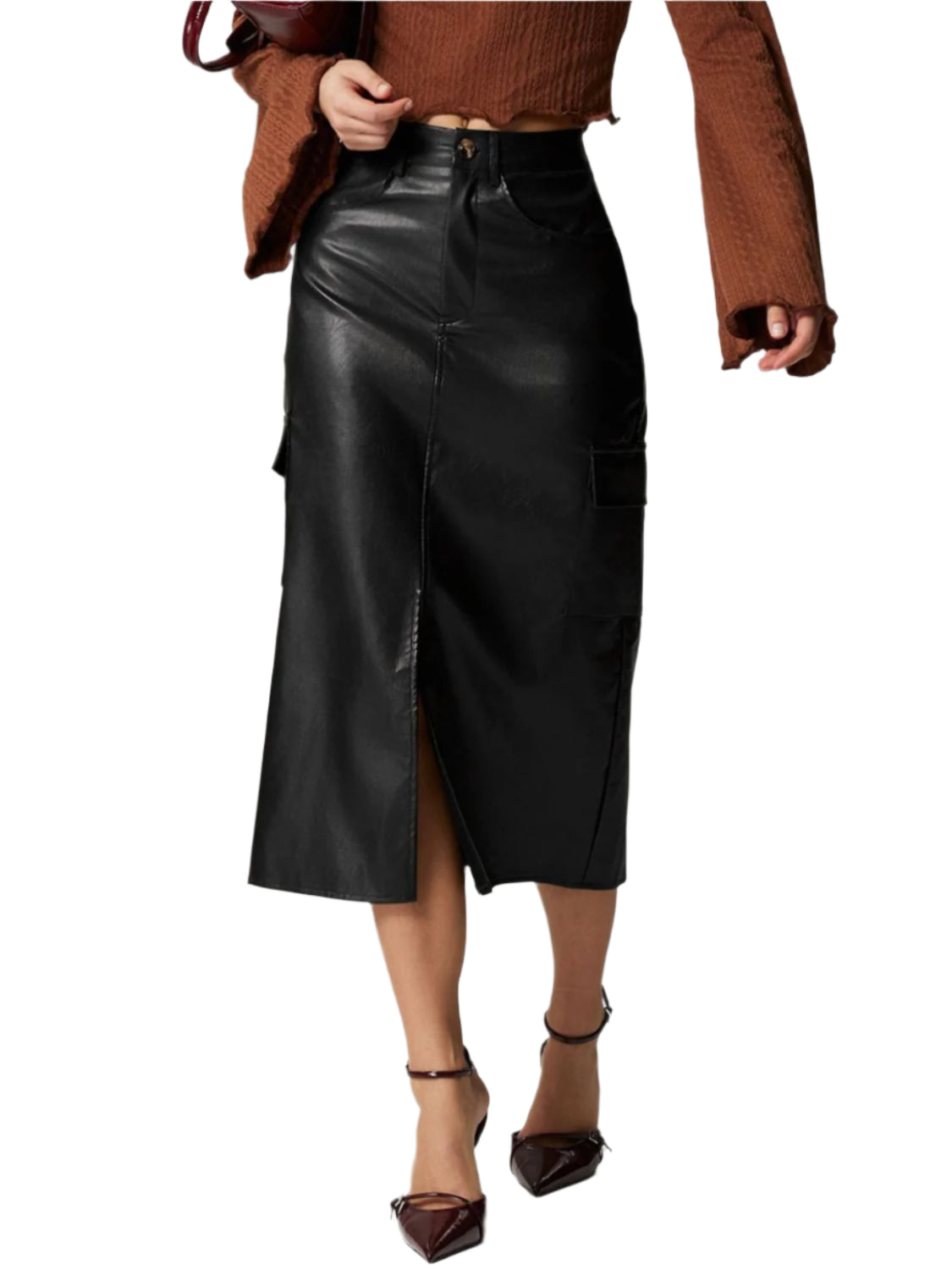 Slit Midi Skirt with Pockets