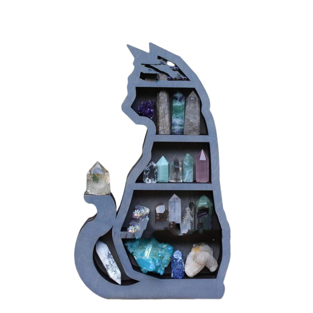 Cat on Moon Or Black Cat Wooden Crystal Display Shelf