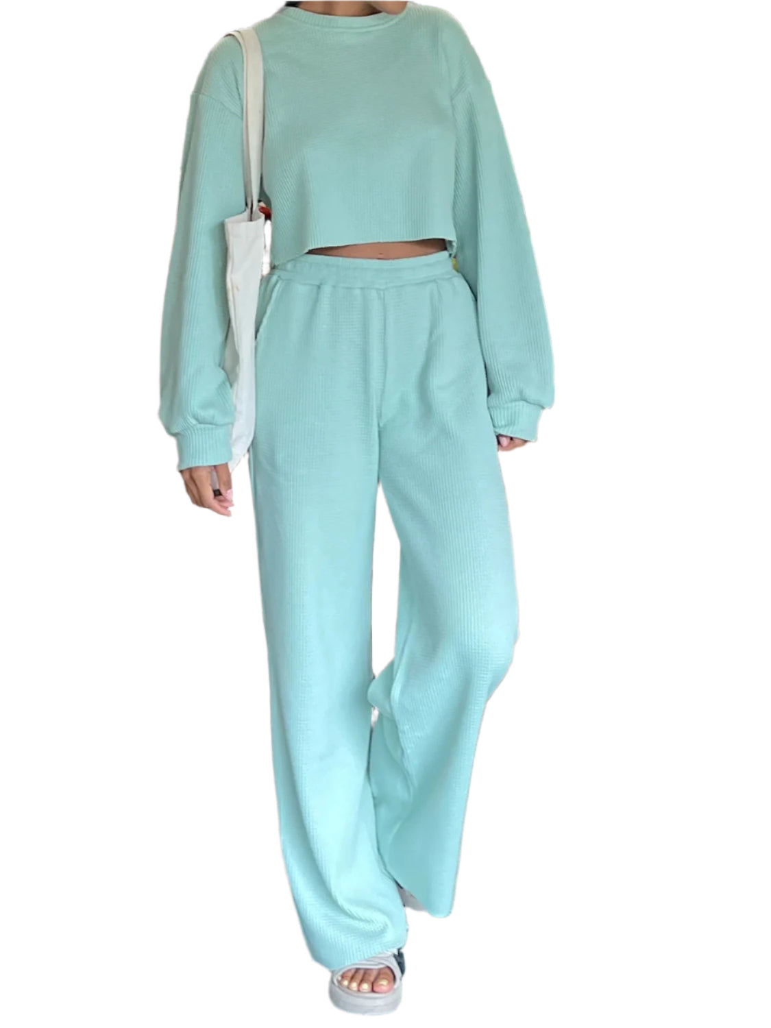 Waffle-Knit Round Neck Top and Pants Set
