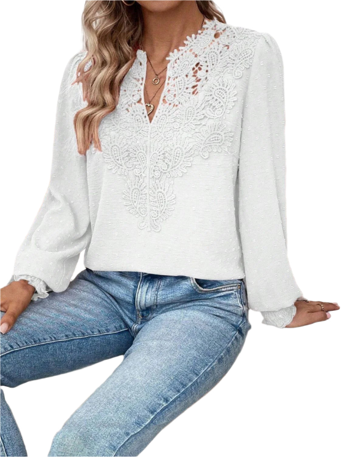 Swiss Dot Lace Detail Notched Long Sleeve Blouse