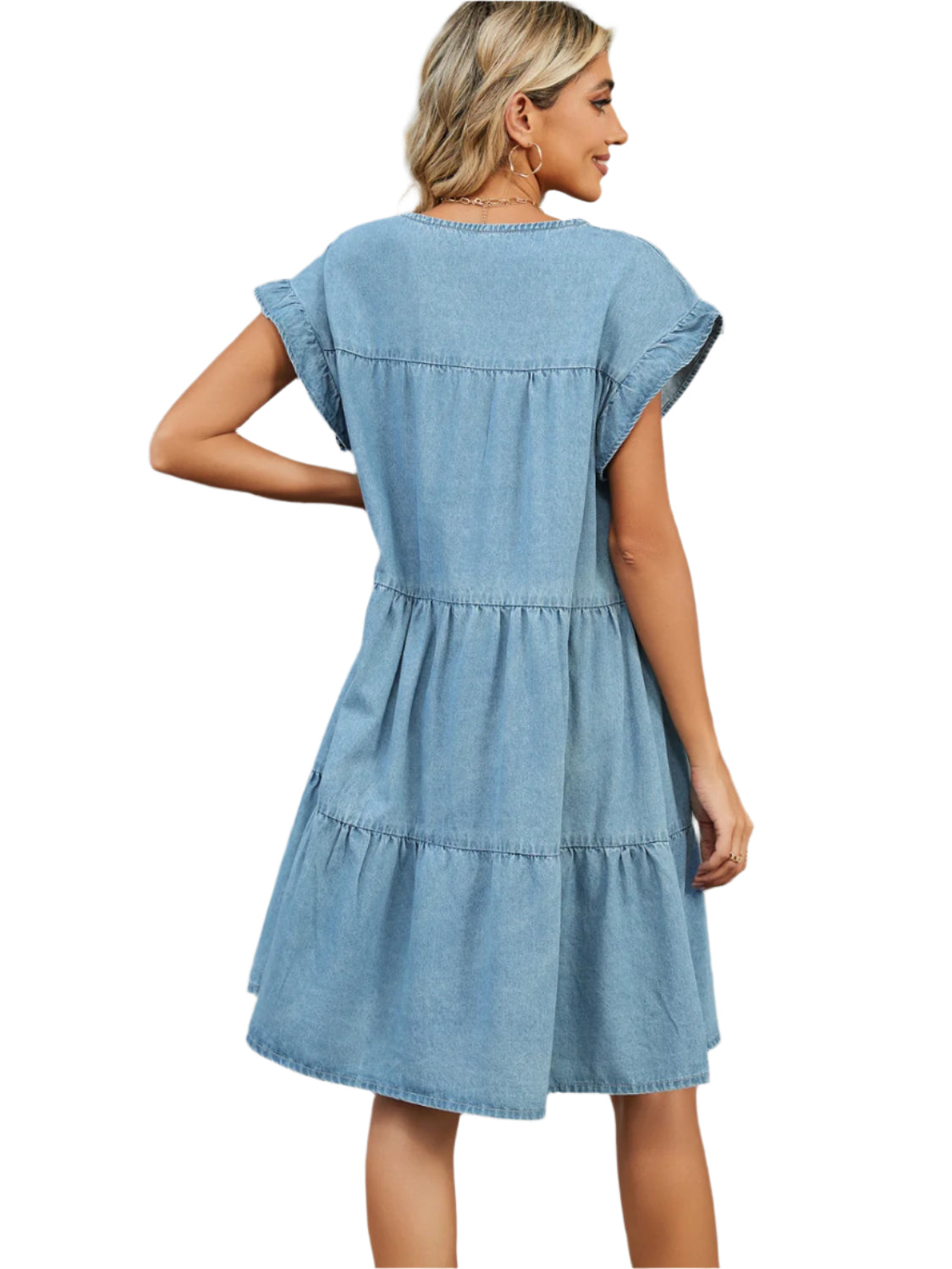 Tiered Round Neck Short Sleeve Denim Dress