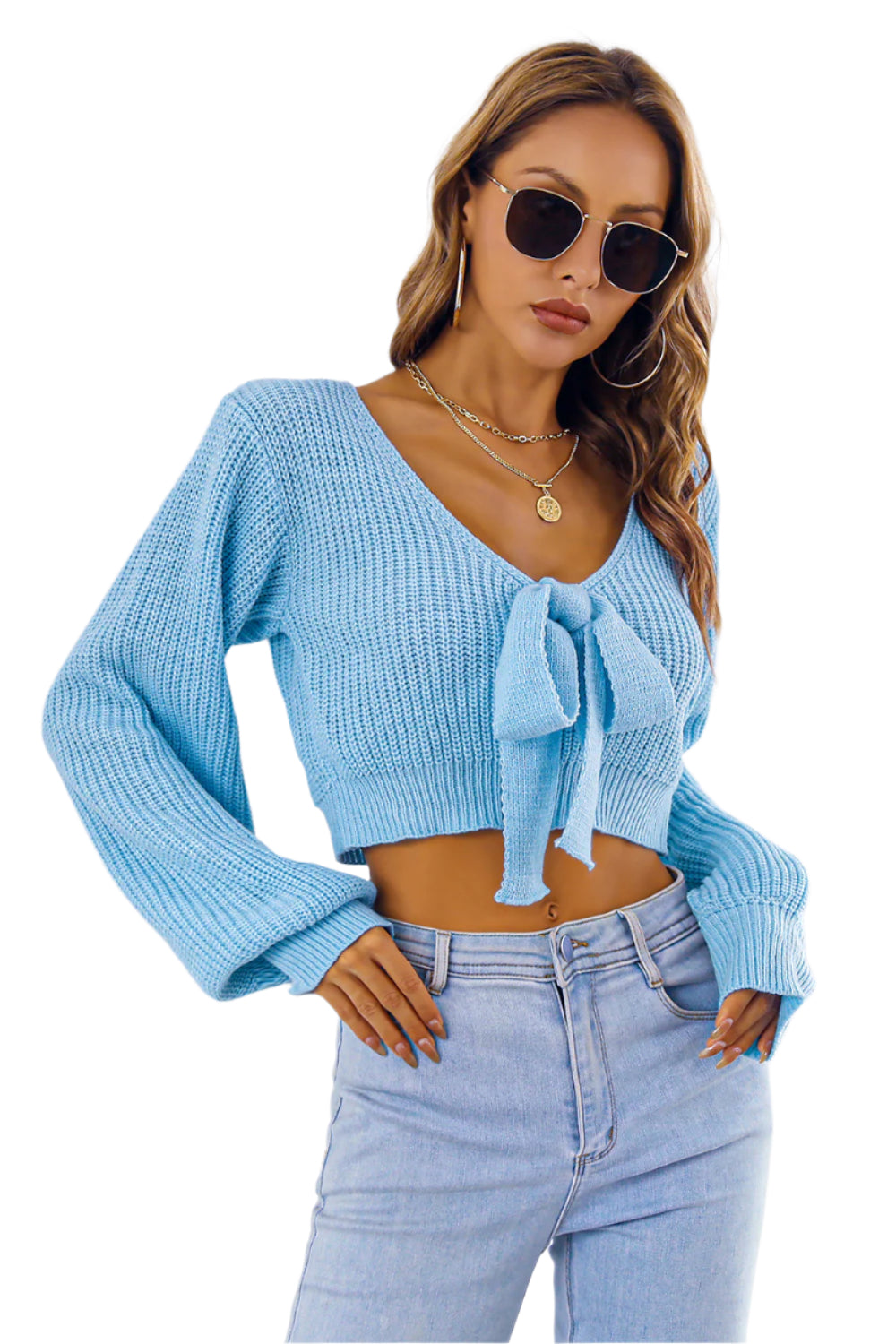 Bow V-Neck Long Sleeve Cropped Sweater