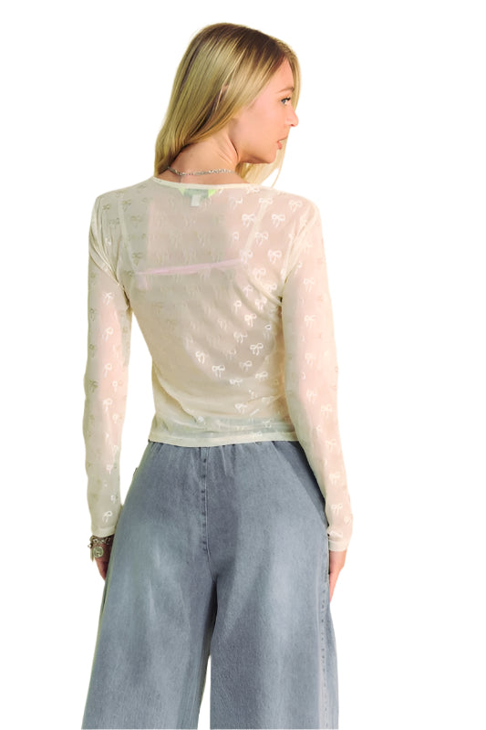Davi & Dani Bow Mesh Round Neck Long Sleeve Top