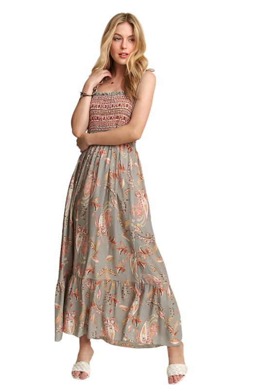 ADORA Smocked Printed Square Neck Tie Shoulder Cami Dress