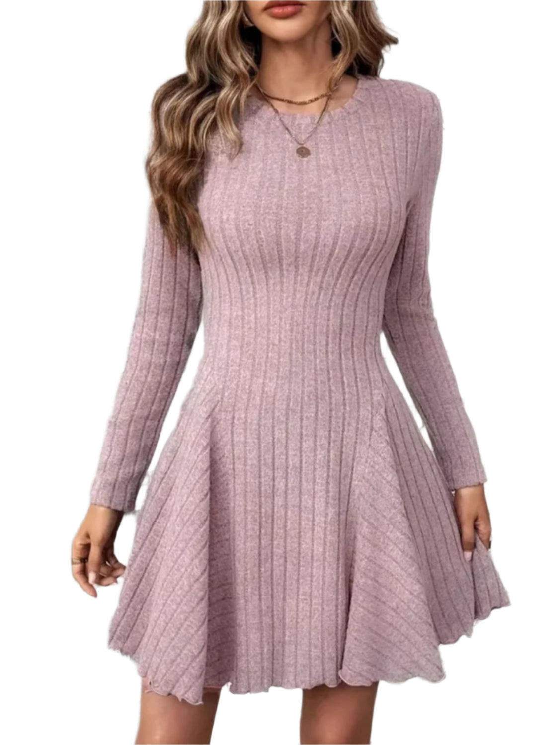 Ribbed Round Neck Long Sleeve Mini Dress