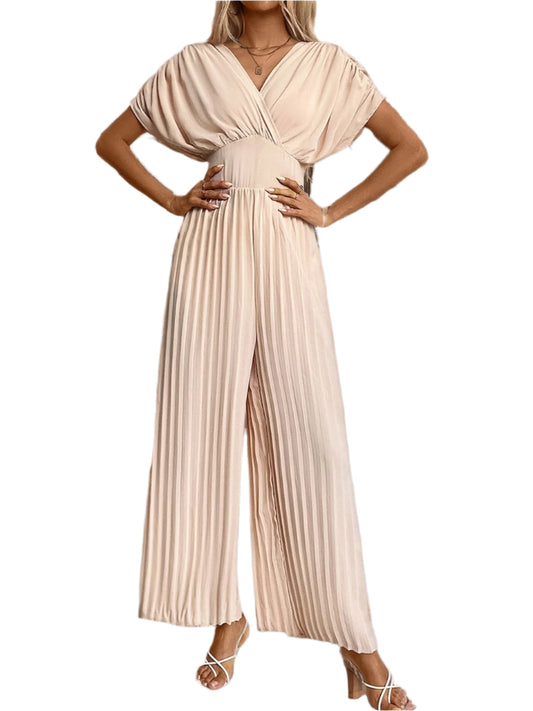 Perfee Pleated Short Sleeve Wide Leg Jumpsuit