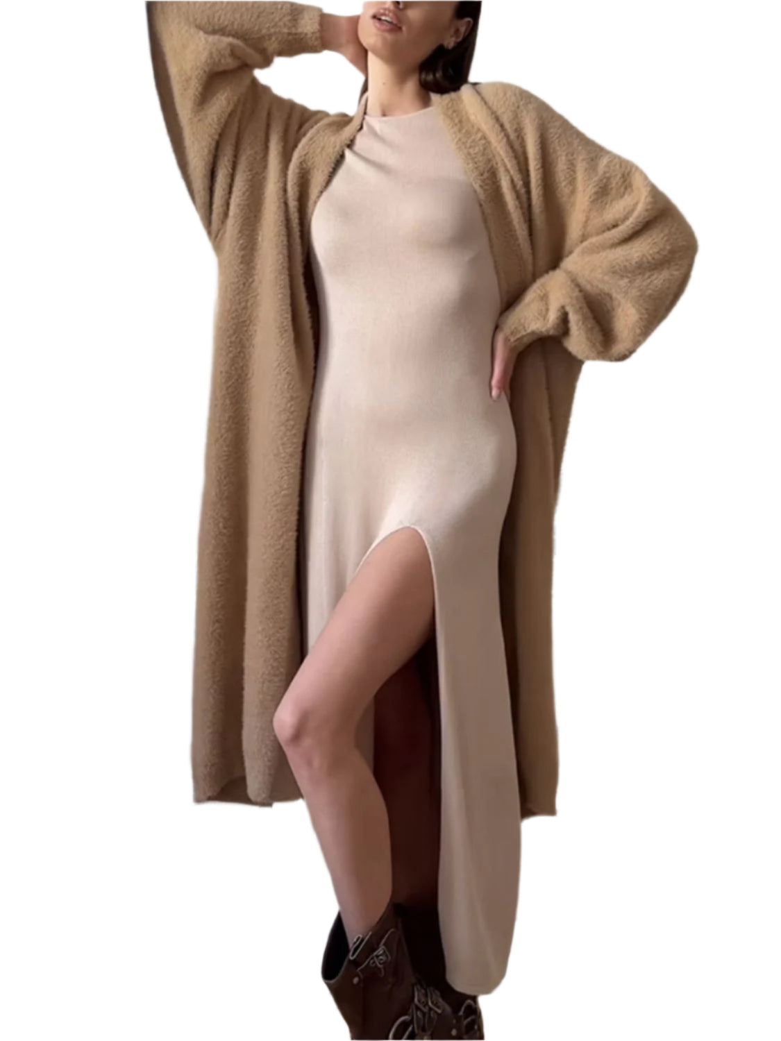 Fuzzy Open Front Solid Color Cardigan