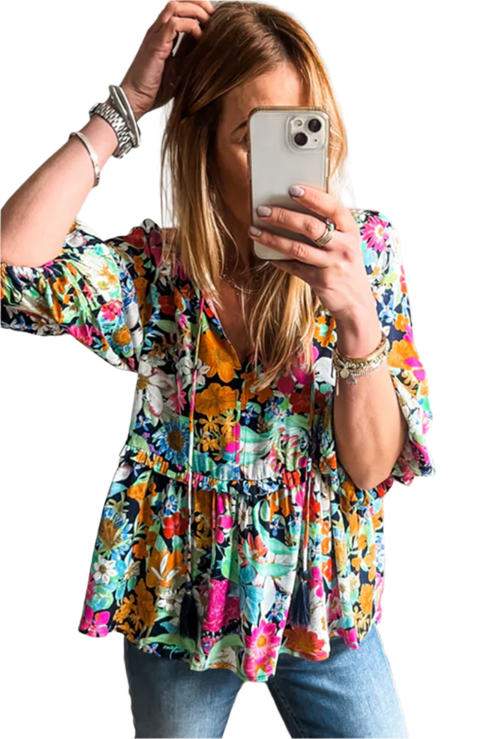 Floral Tie Neck Balloon Sleeve Blouse