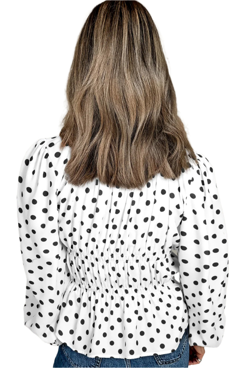 Bow Polka Dot Square Neck Long Sleeve Blouse