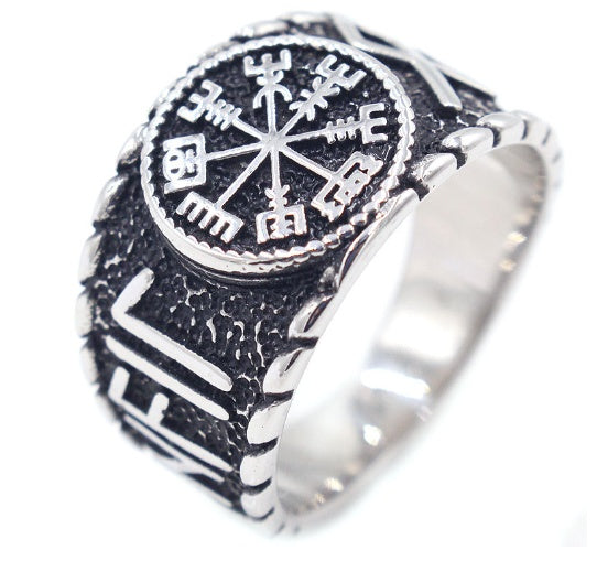 Stainless Steel Vegvísir Hail Odin Norse Elder Futhark Runes Ring