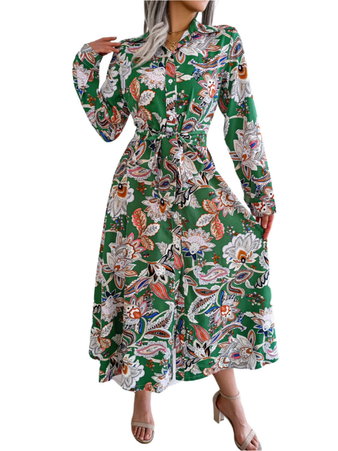 Tied Printed Long Sleeve Midi Dress