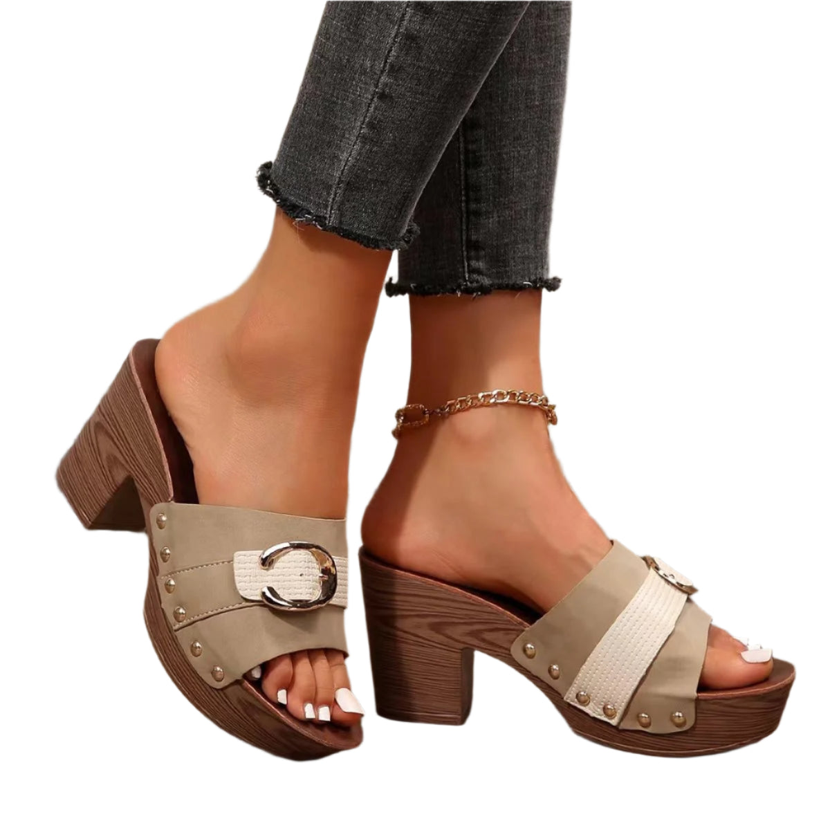 Buckle Trim Block Heel Sandals