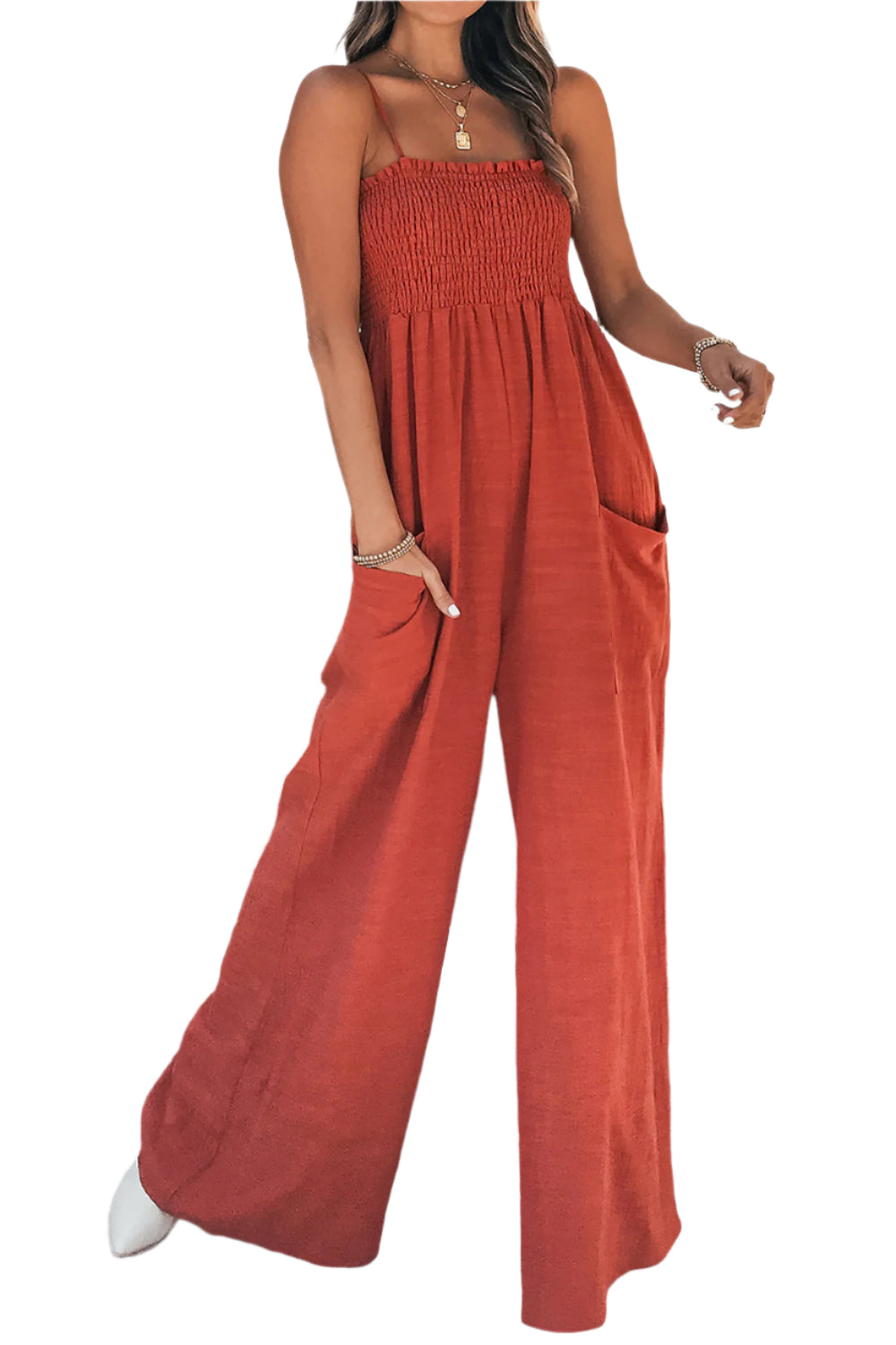 Smocked Spaghetti Strap Wide Leg Jumpsuit