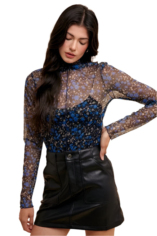 Annie Wear Floral Lettuce Hem Sheer Mesh Top