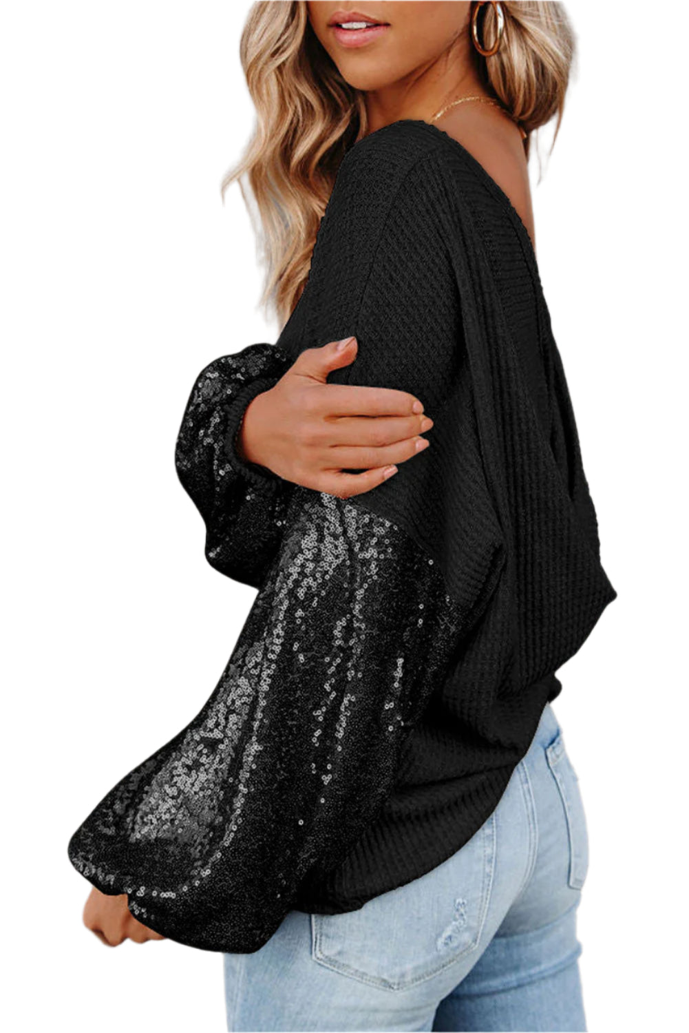Sequin Waffle-Knit Blouse
