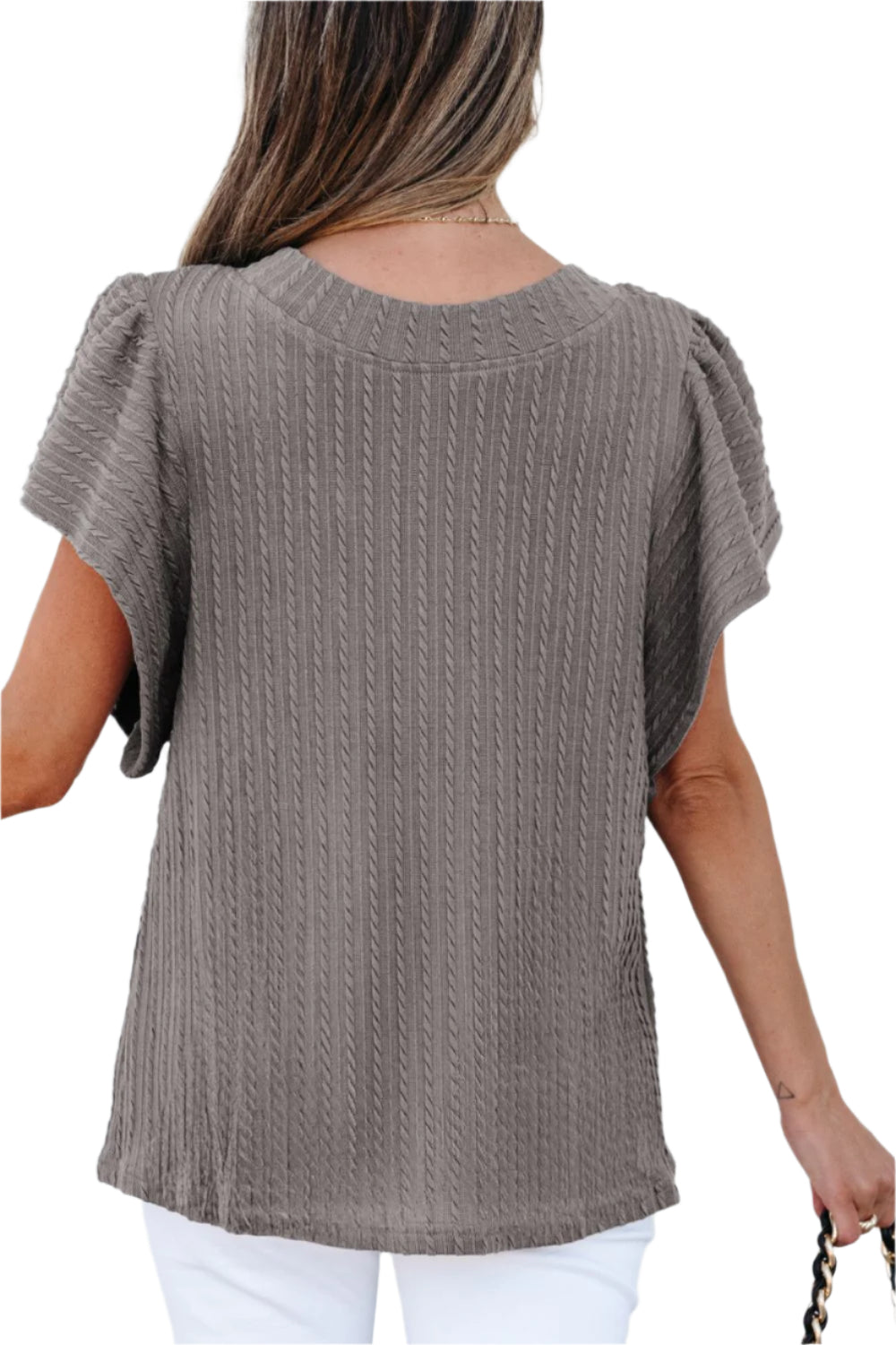 Textured Round Neck Flounce Sleeve Blouse