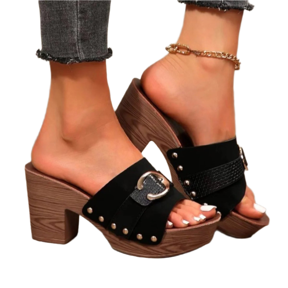 Buckle Trim Block Heel Sandals