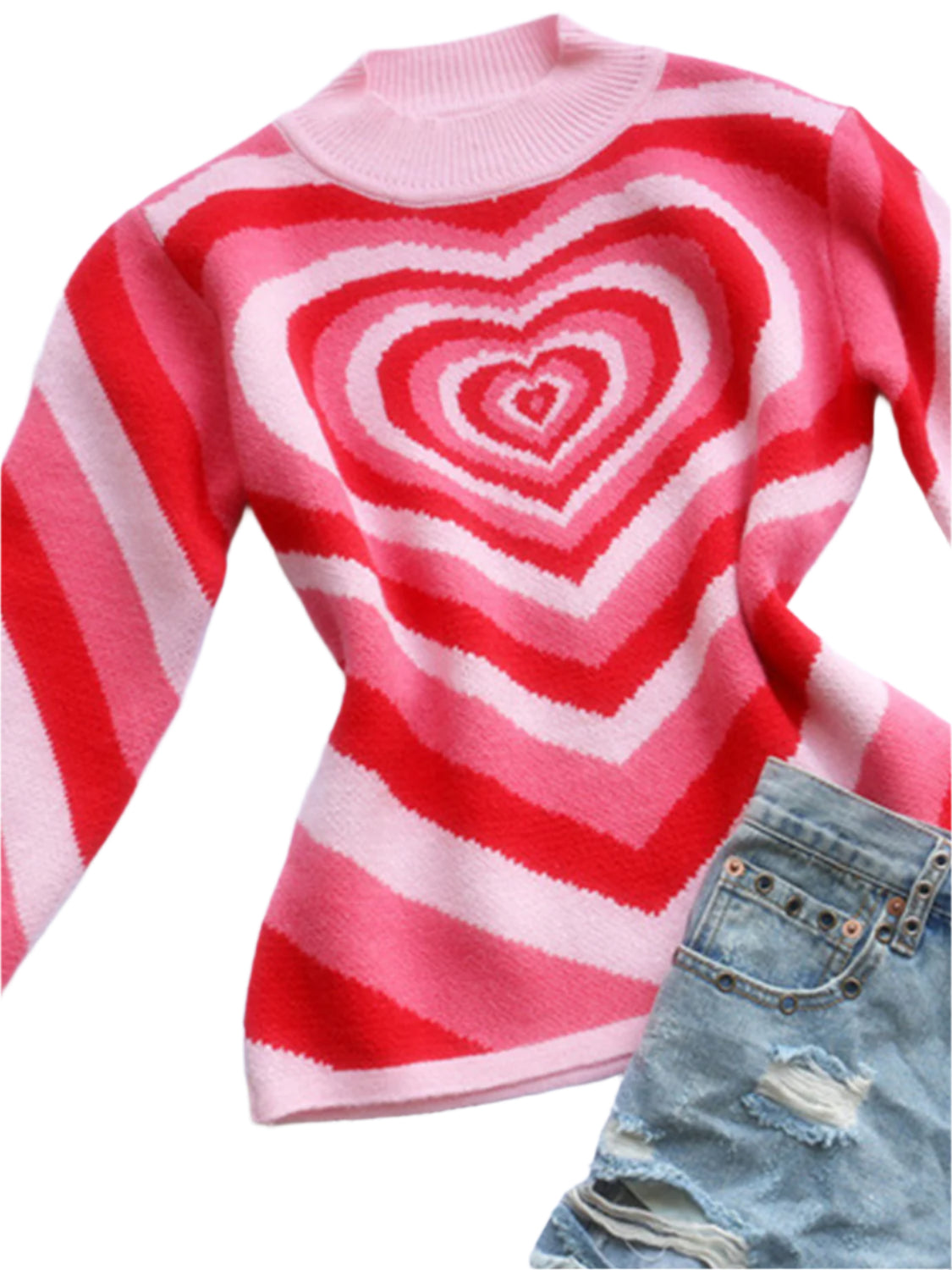 Heart Mock Neck Long Sleeve Sweater