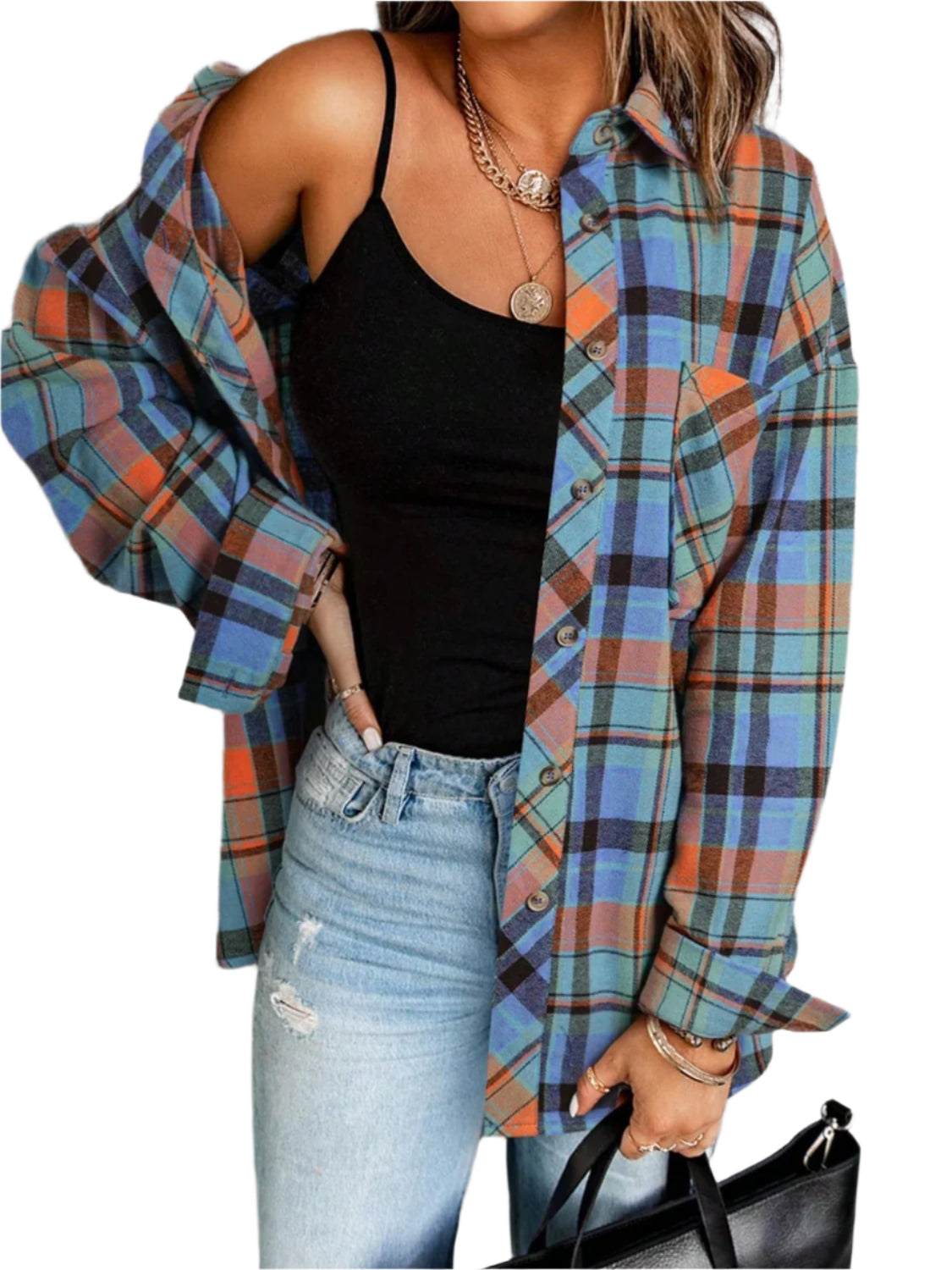 Plaid Collared Neck Long Sleeve Shirt