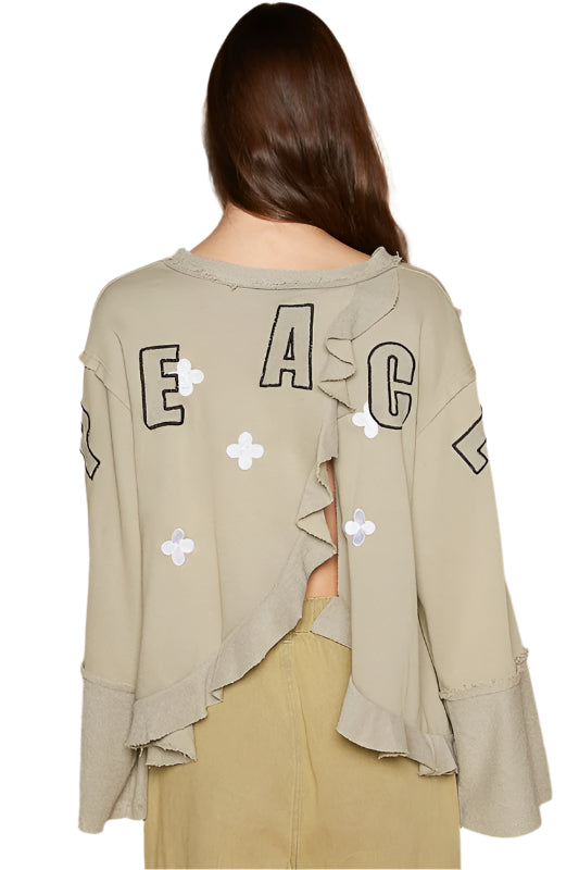 POL Peace Embroidered Exposed Seam Back Ruffle V-Neck Top