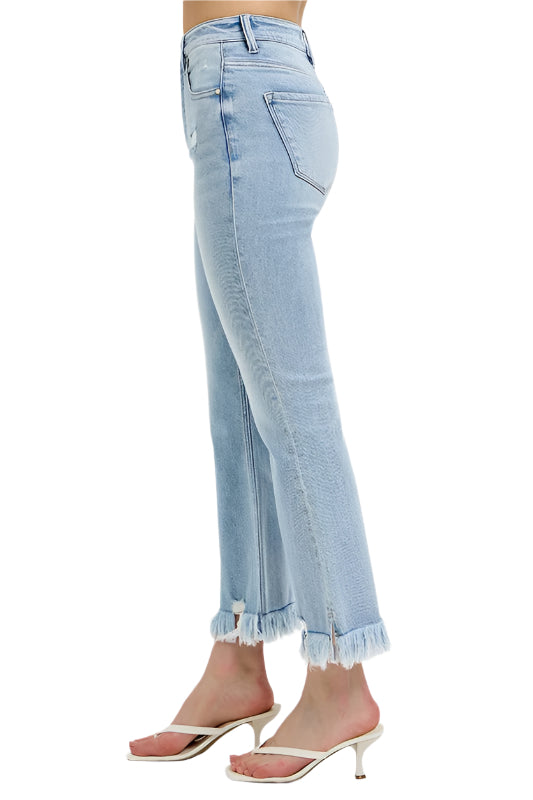 RISEN Full Size Raw Hem Distressed Cropped Flare Jeans Plus Size