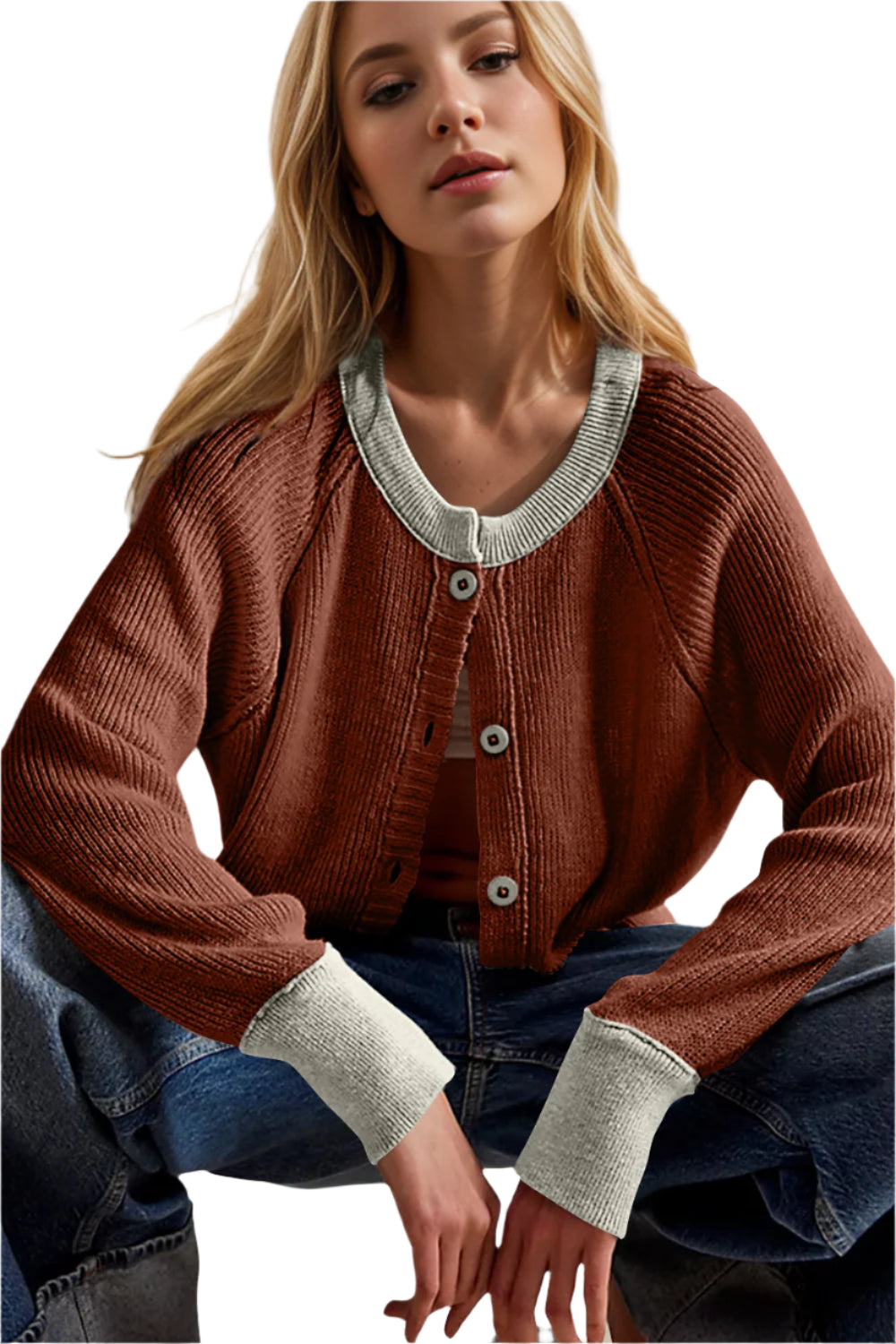 Double Take Contrast Button Up Long Sleeve Cardigan