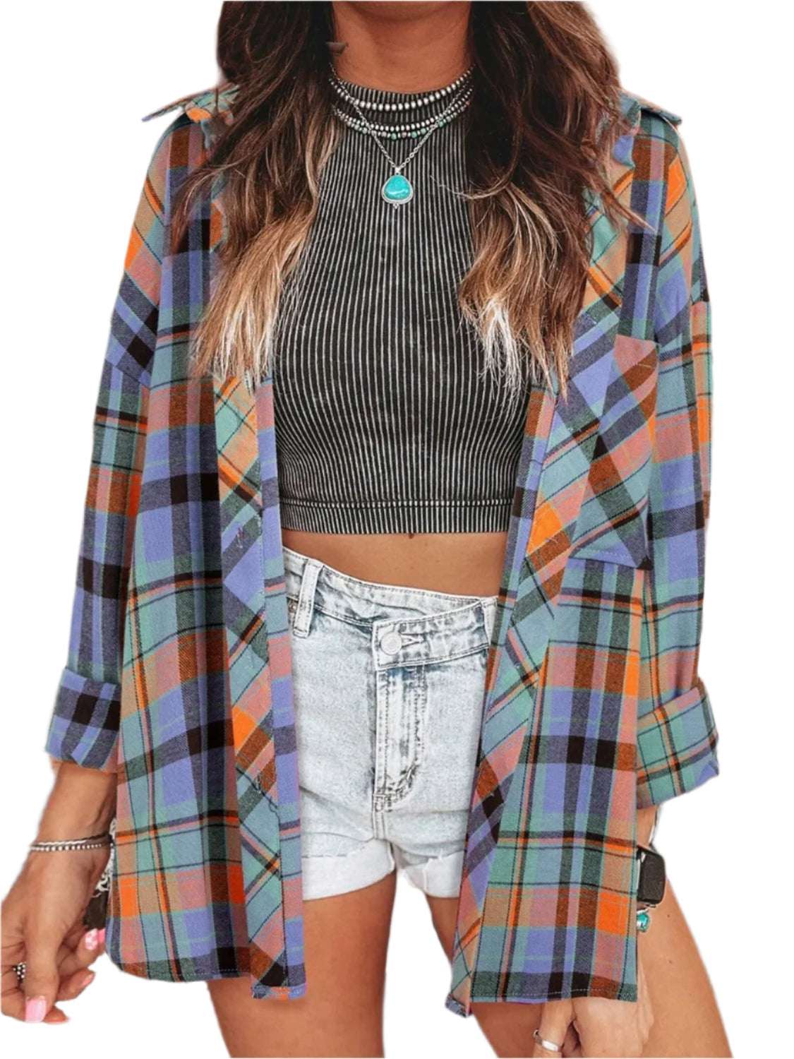 Plaid Collared Neck Long Sleeve Shirt