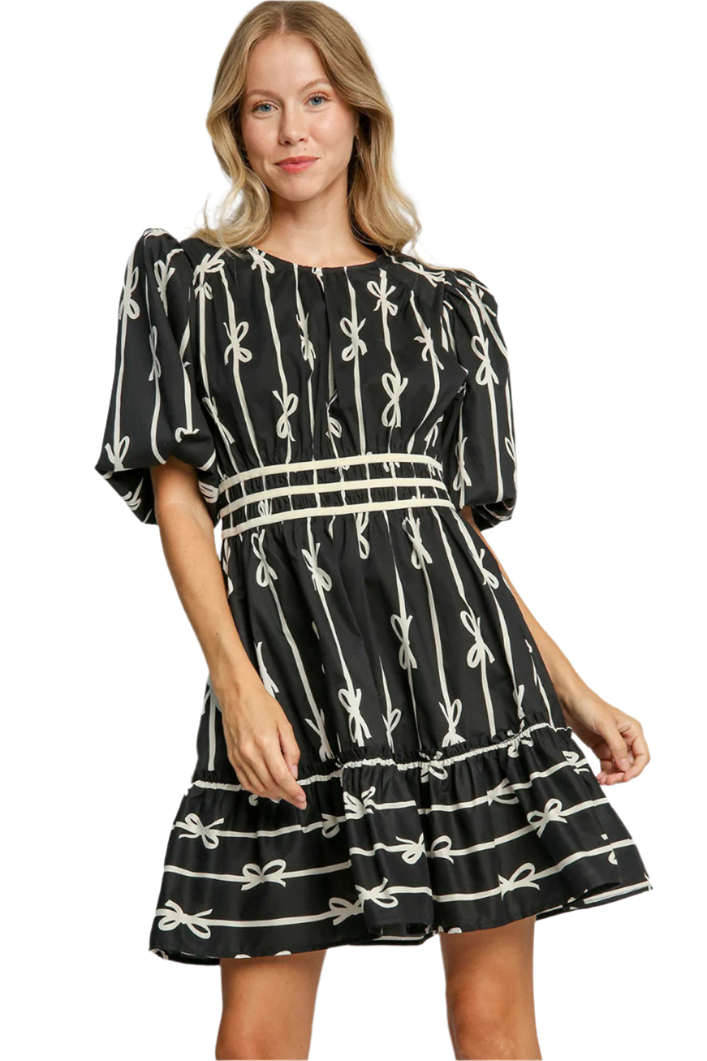 Umgee Ribbon Print Frill Contrast Velvet Trim Half Sleeve Dress