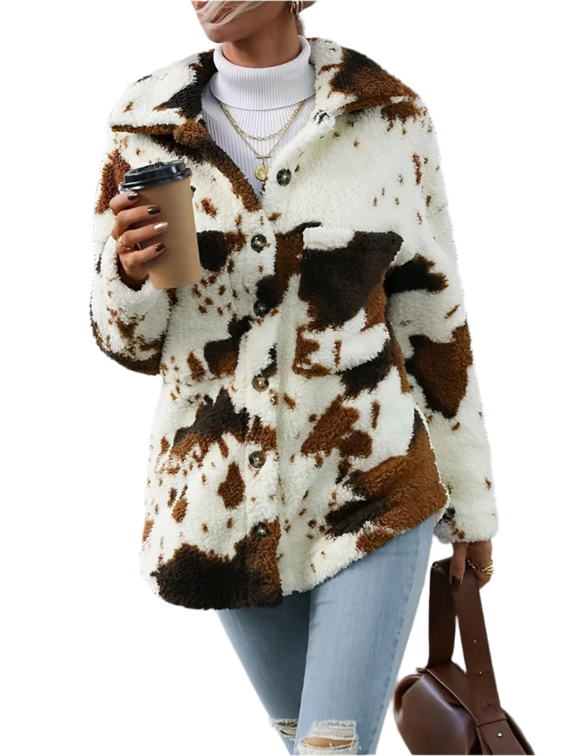 Cow Print Collared Neck Button Up Fuzzy Jacket