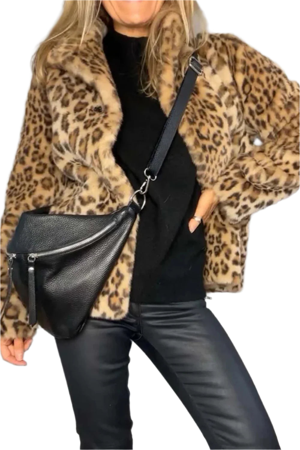 Full Size Leopard Furry Collared Neck Long Sleeve Coat
