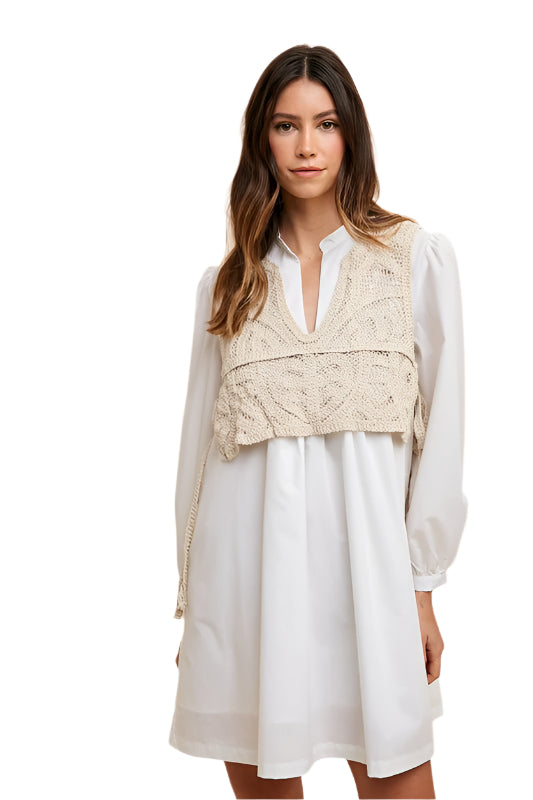 Annie Wear Crochet Vest Notched Long Sleeve Shirt Dress