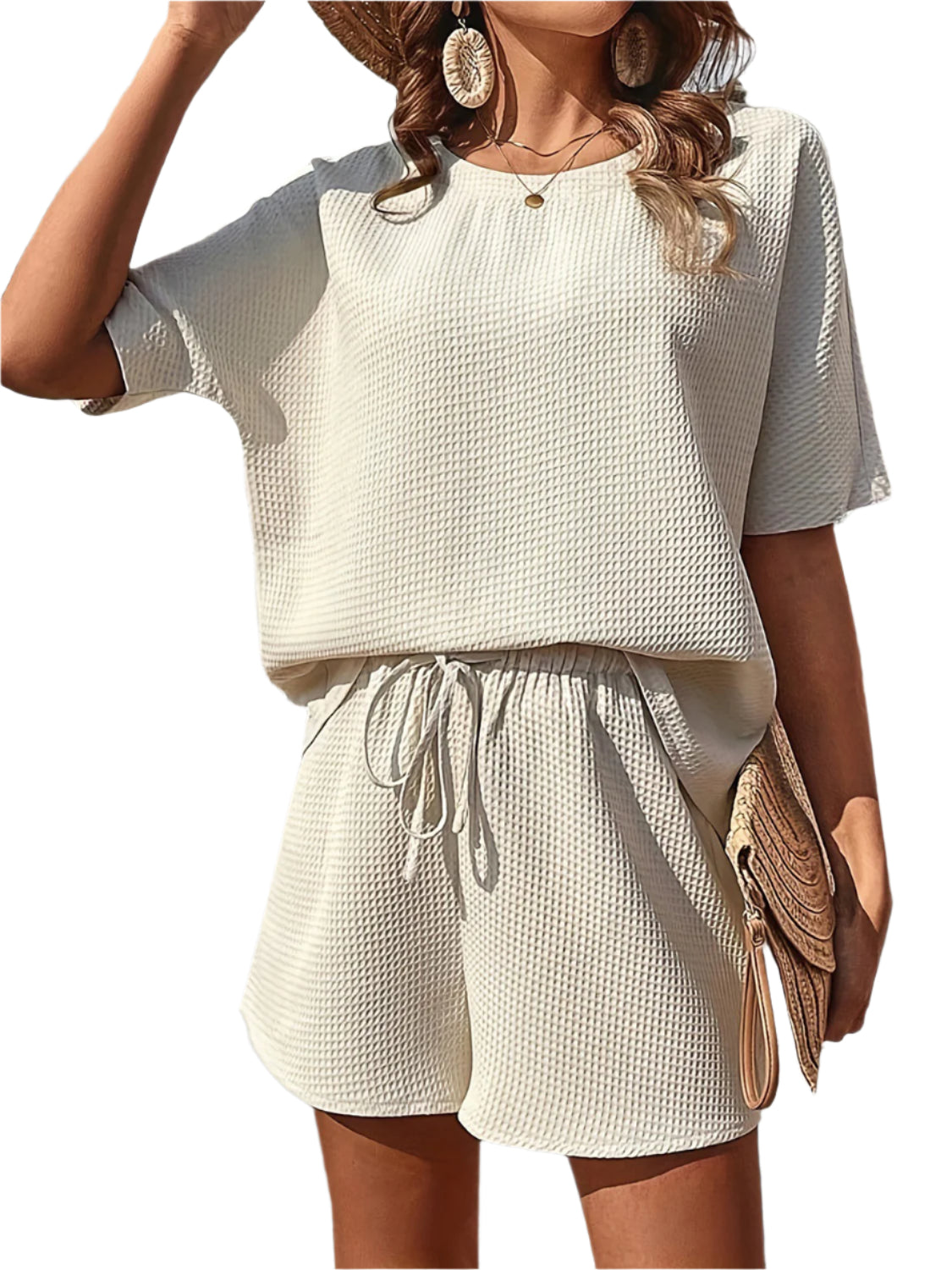 Waffle-Knit Half Sleeve Top and Shorts Set