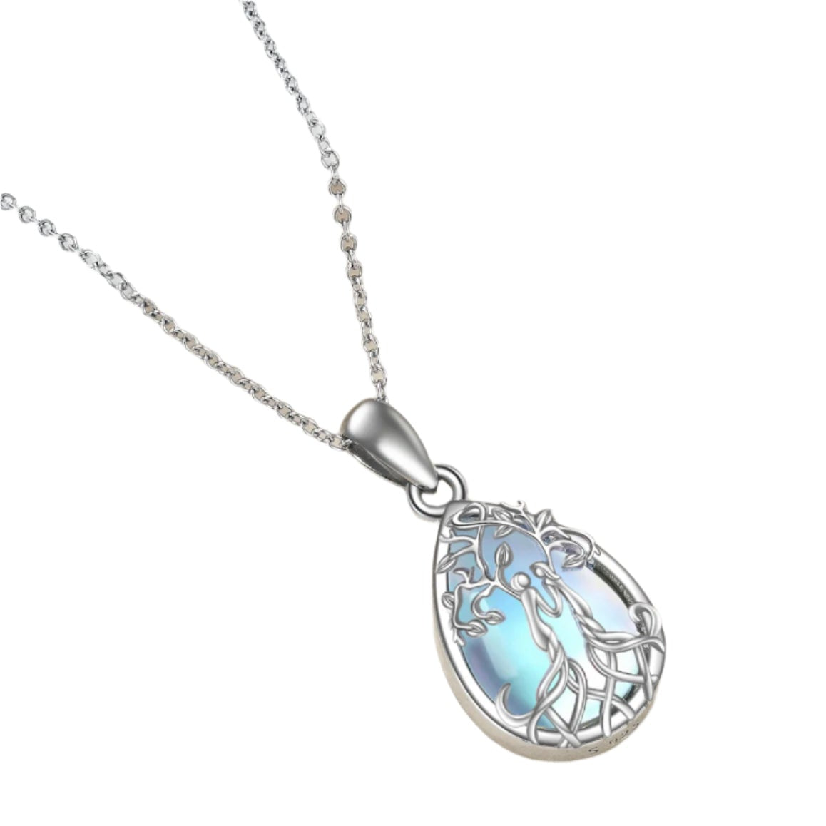 Ask and Embla in Yggdrasil Pendant 925 Sterling Silver Necklace with Malachite or Moonstone Crystal